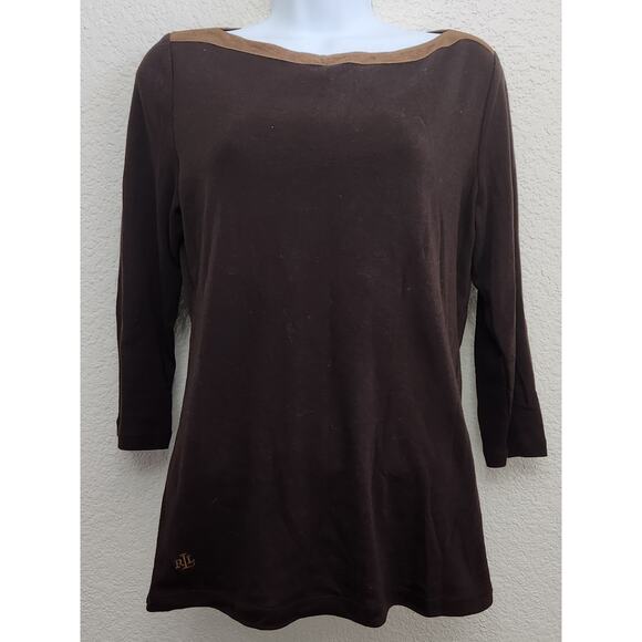 Lauren Ralph Lauren Brown Boat Collar Contrasting Trim Top Medium Lightweight - Picture 1 of 6